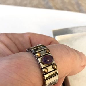 Amethyst, double pts, SS, 18K,stretch ring.Unisex